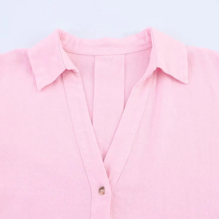 Close-up of the AsymLinen™ pink wide sleeve linen shirt featuring a turn-down collar and single-breasted button design.