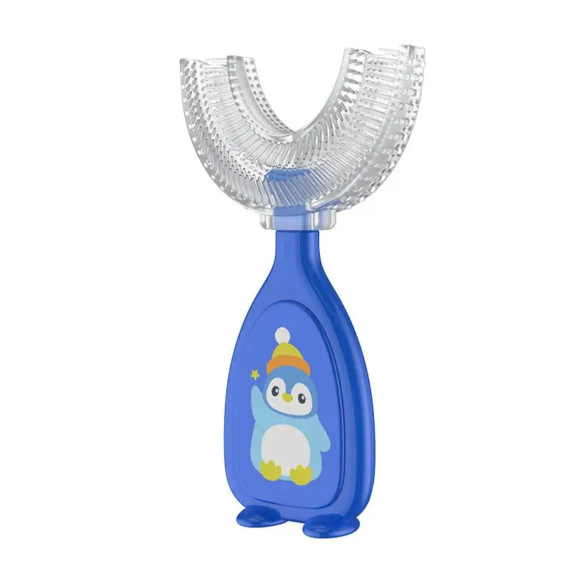 Blue baby toothbrush with penguin design, featuring a fun shape for easy brushing, ideal for young children.