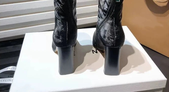 Women Mid Calf Boots Leather Cowboy Heels