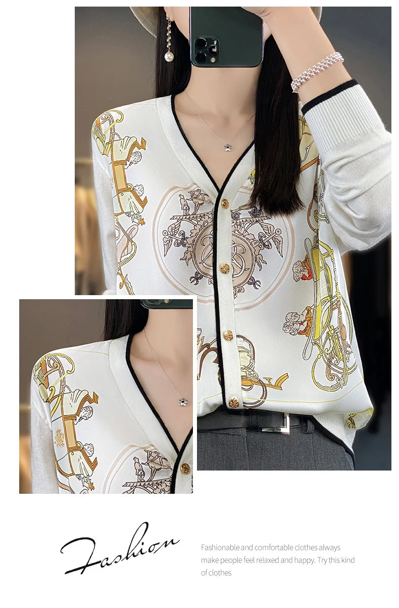 Women's Printed Stitching Wool Cardigan