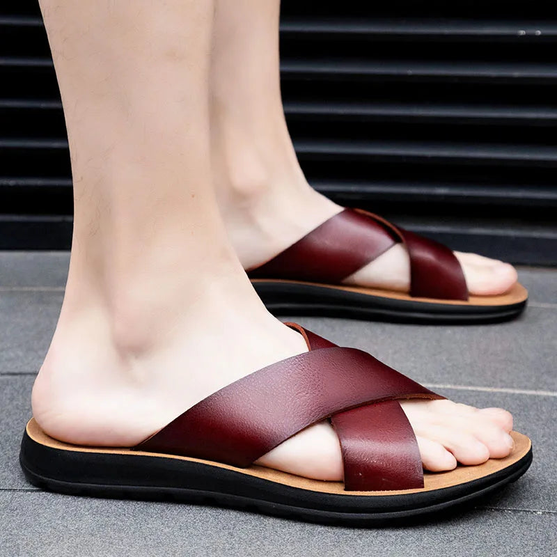 Men Italian PU Leather Slip-On Slippers