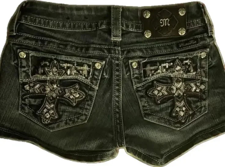 SweetGoth™ – Embroidered Y2K Mini Skirt (Gothic Low Waist Shorts)