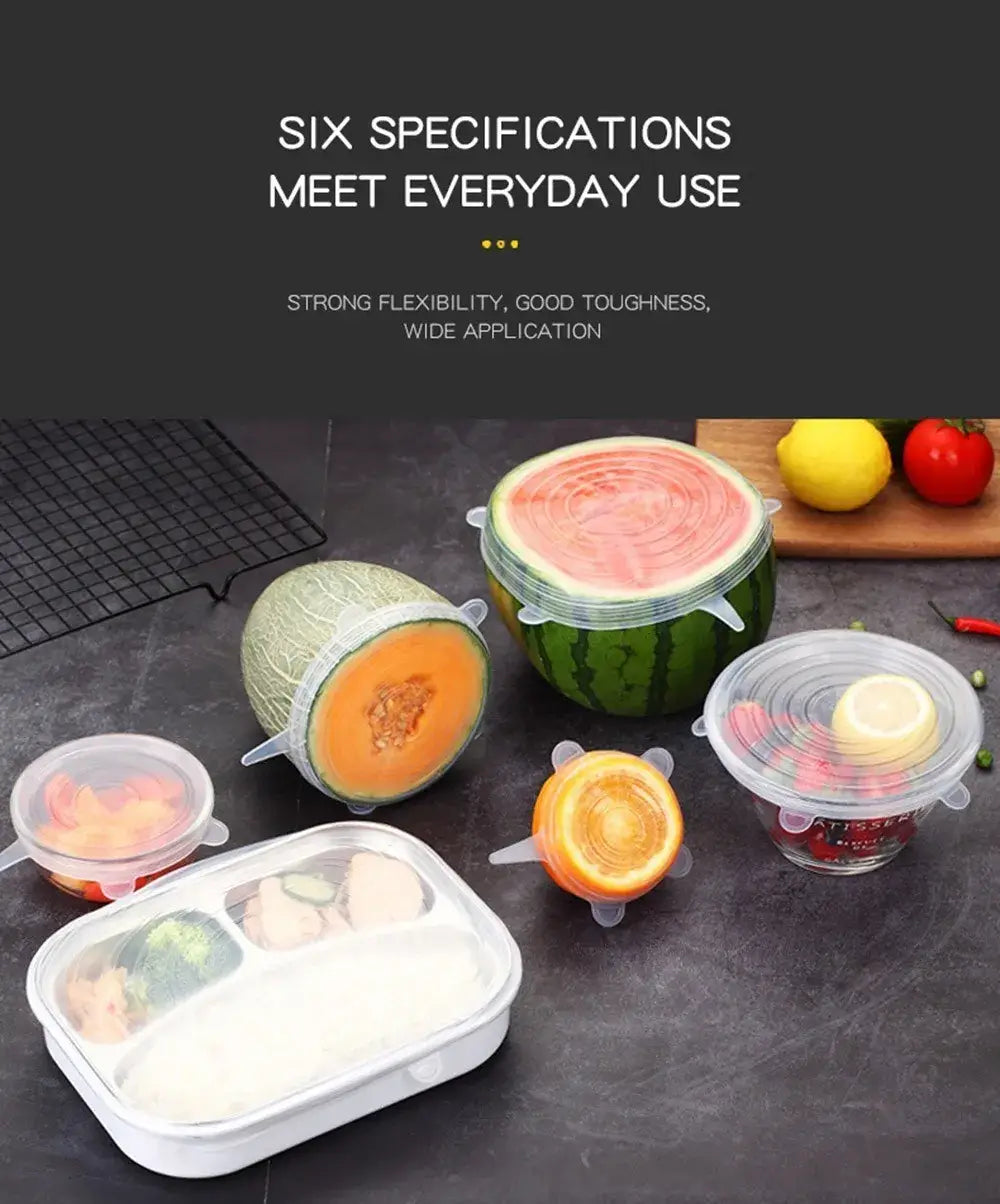 6 Pcs Silicone Stretch Lids for Kitchen, perfect for covering food in various containers, ensuring freshness and preventing spills.