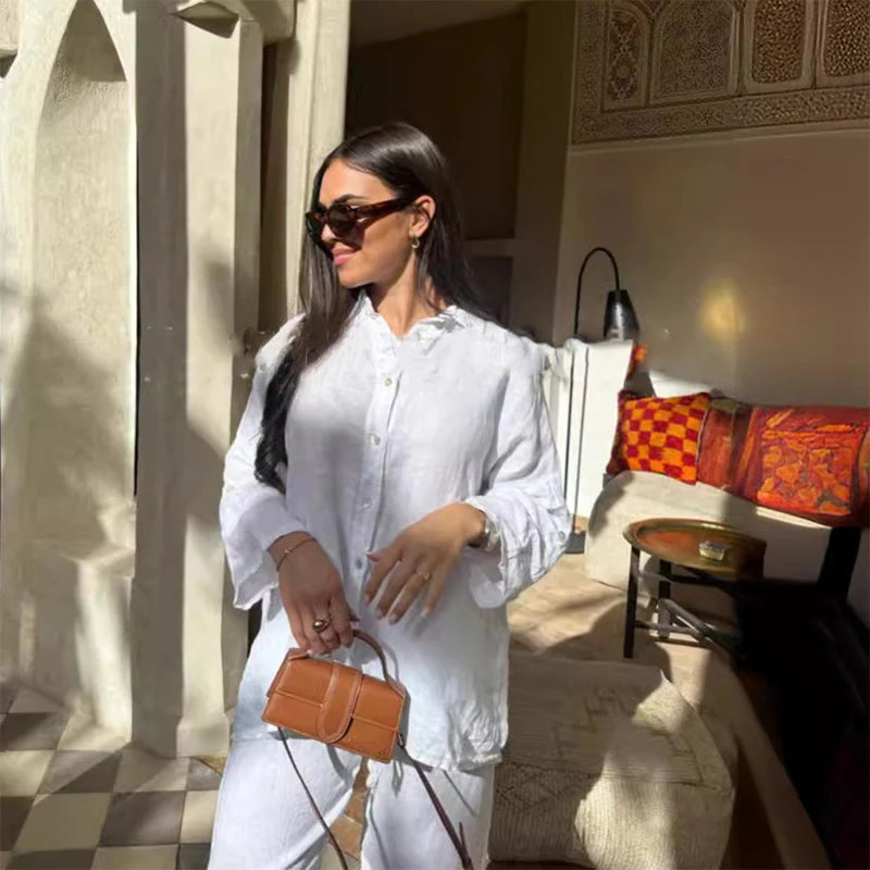 طقم بنطال نسائي من القطن بقصة واسعة