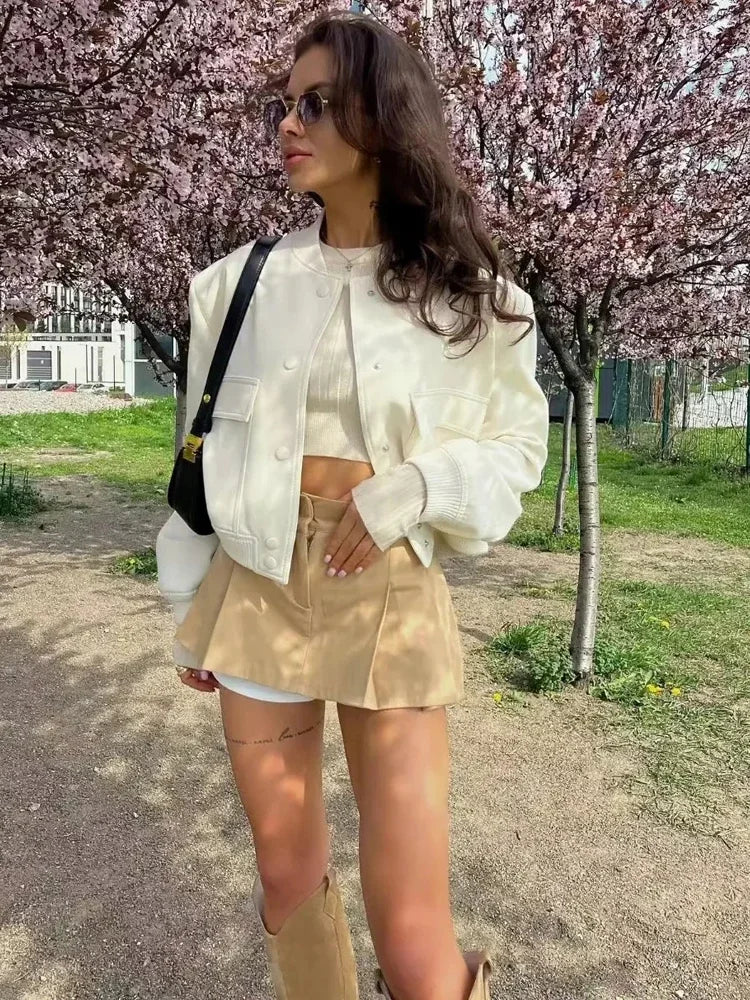 White Cropped Women's Bomber Jacket – Baseball Aviator Coat