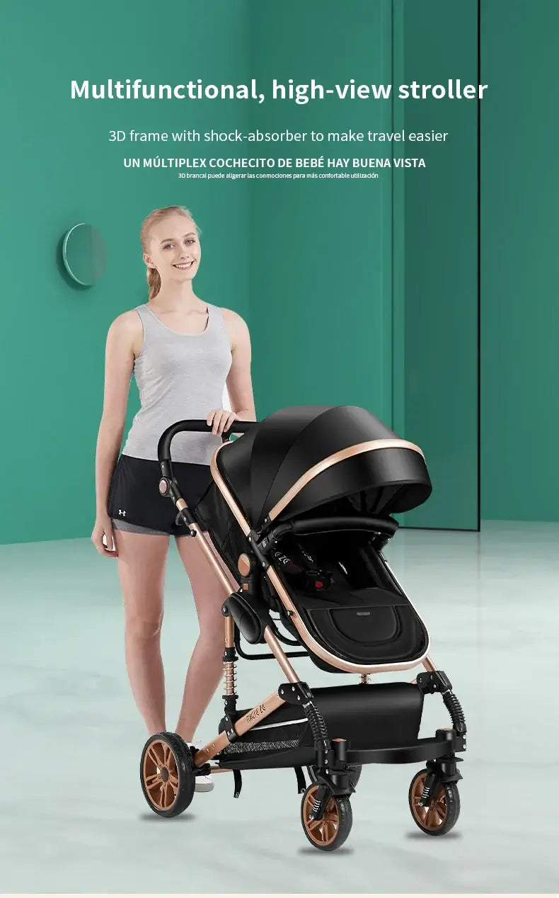 Multifunctional high-view baby stroller with shock absorber, designed for easy travel and comfort for infants.