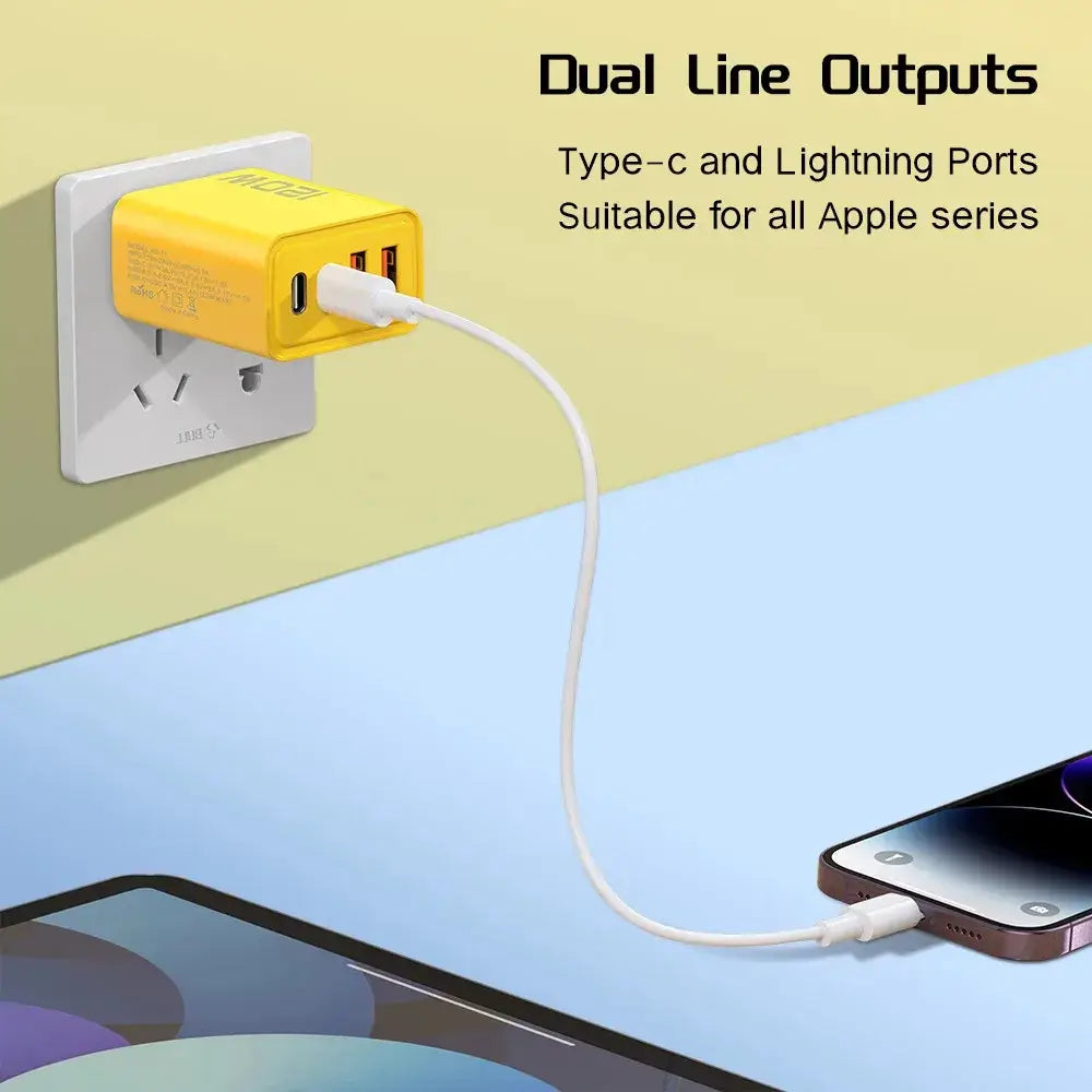 Dual line output charger with Type-C and Lightning ports, compatible with all Apple devices, plugged into a wall outlet.