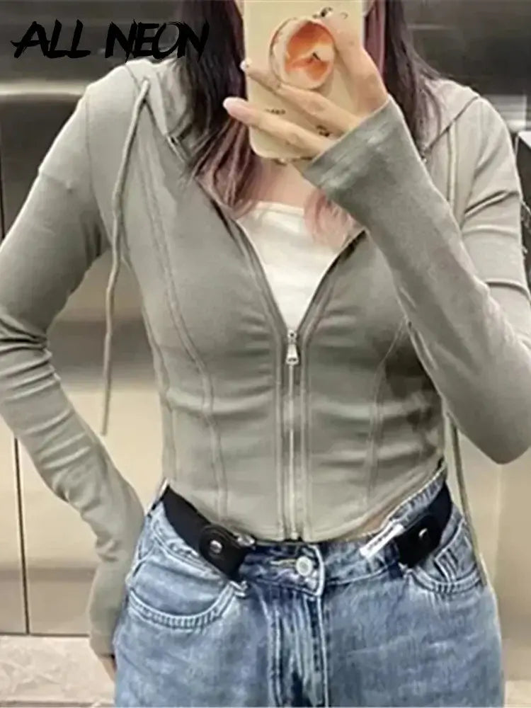 Women Cropped Zip Hoodie Y2K Corset Hem Sweatshirt