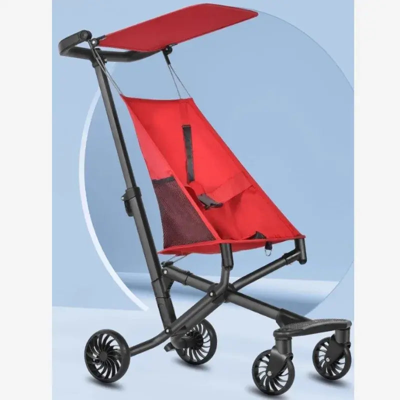Lightweight baby stroller in red with foldable design and high carbon steel frame, suitable for ages 1-6 years.