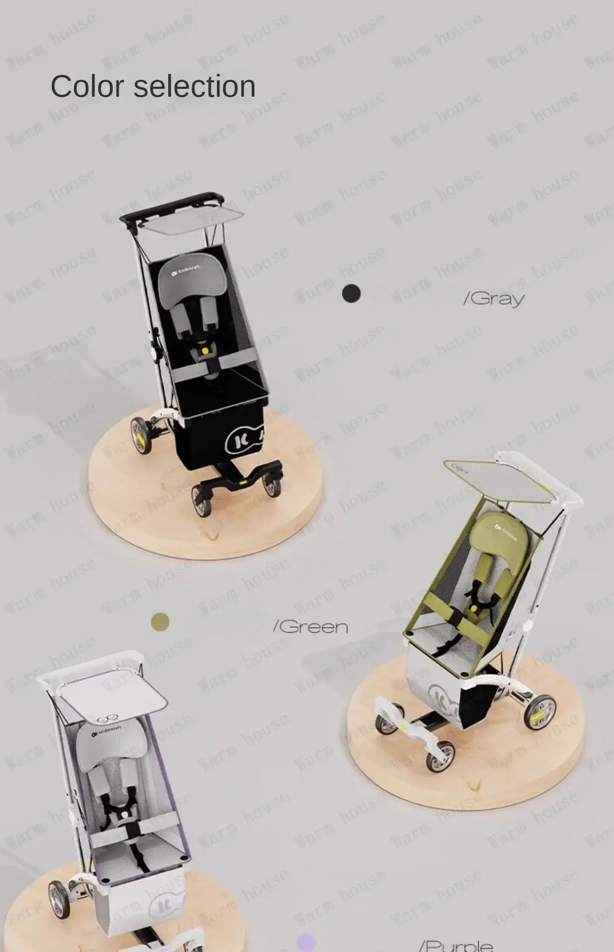 Color selection of outdoor lightweight children's strollers in gray, green, and purrie on a display platform.