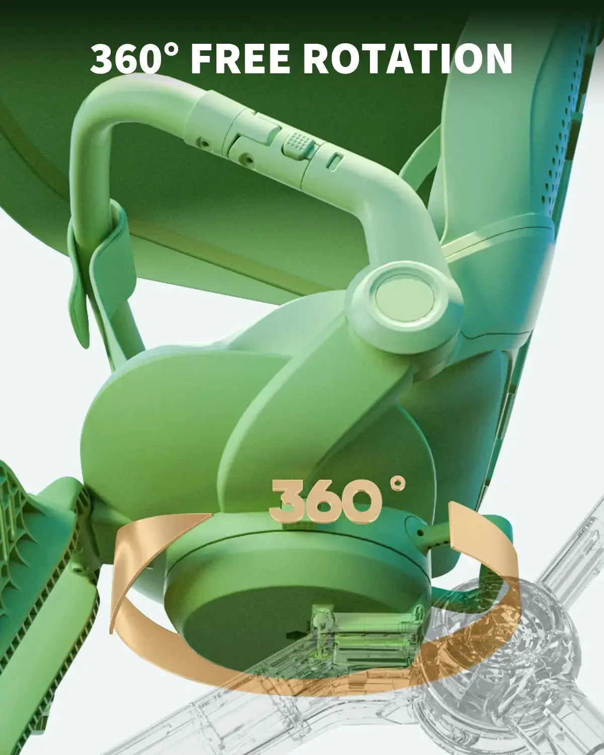 Close-up of a baby travel stroller handle showcasing 360° free rotation feature for easy maneuverability.