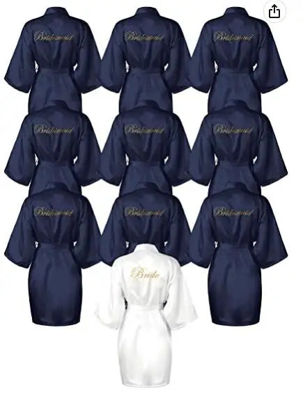 Plus size satin bride robe set in navy and white, featuring 'Bridesmaid' and 'Bride' lettering in elegant gold.