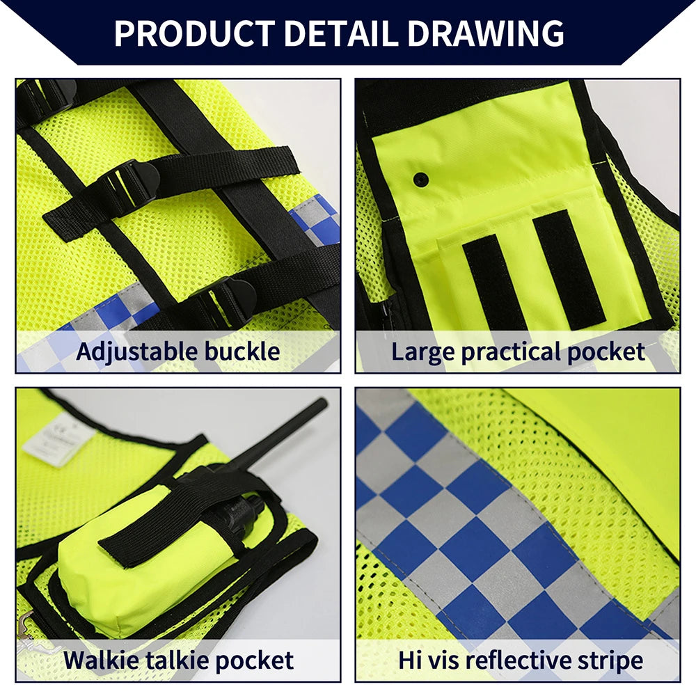 Adjustable mesh safety vest features include adjustable buckle, large pocket, walkie talkie pocket, and hi-vis reflective stripe.