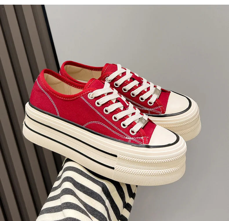 Women Canvas Shoes Black White Platform Sneakers
