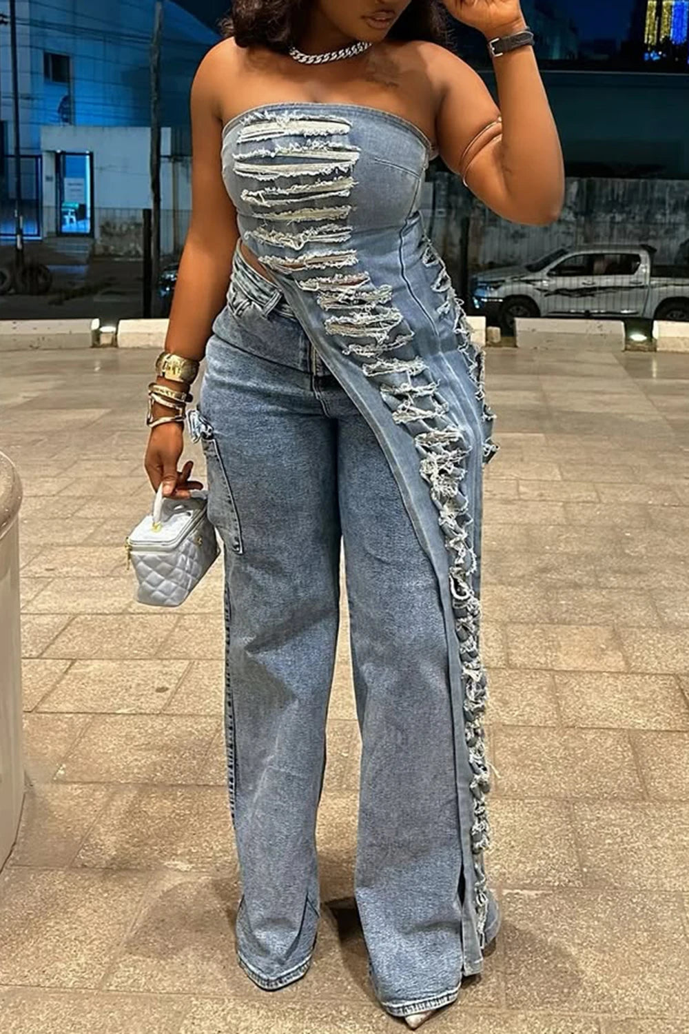 Distressed Denim Pant Set