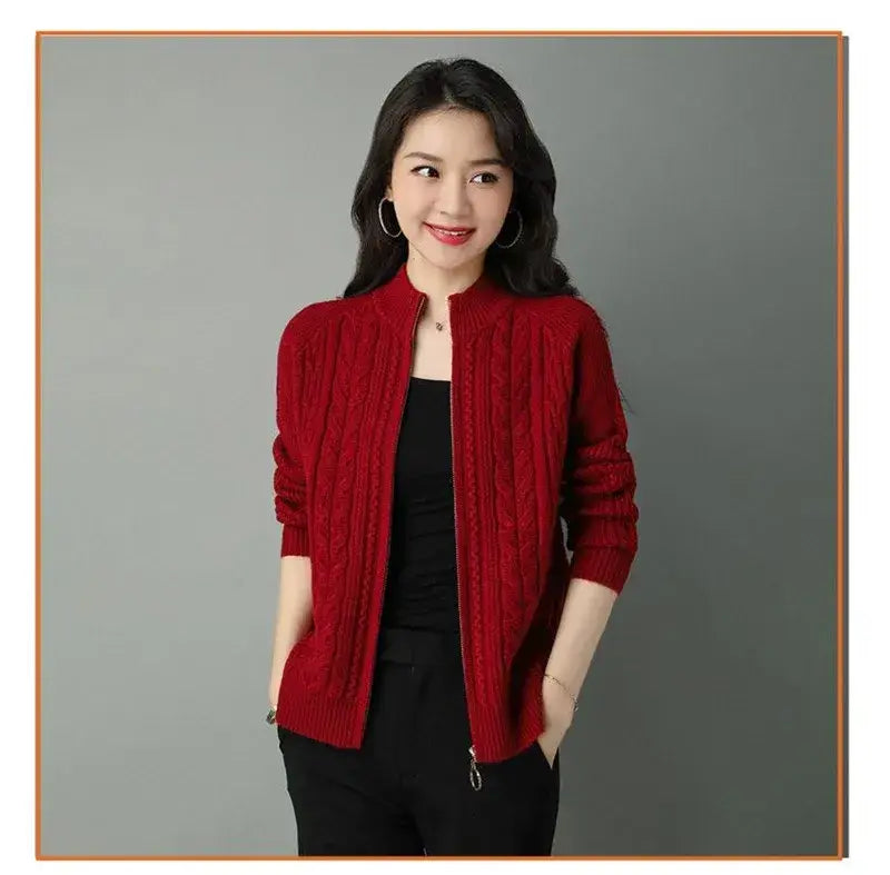 Women Zipper High Collar Knit Cardigan