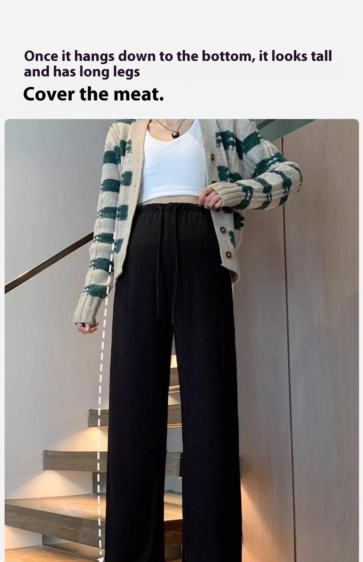 Wide-leg maternity pants featuring a drawstring waist, styled with a casual cardigan and tank top.