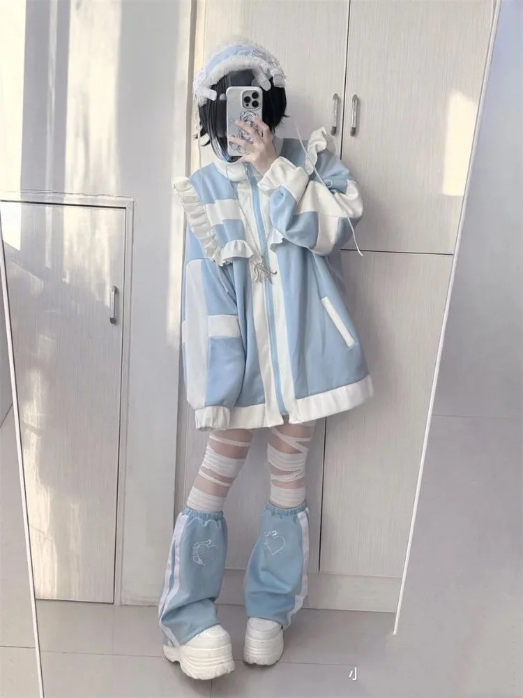 Japanese Patchwork Oversized Women's Coat – Y2K Lolita Ruffle Jacket