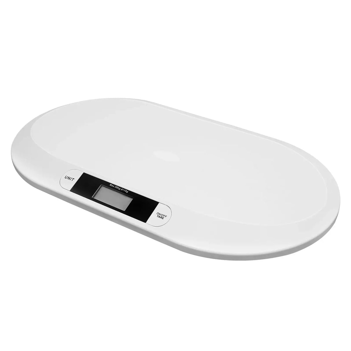 Ergonomic digital baby scale with a sleek oval design and LCD display for accurate weight measurement.