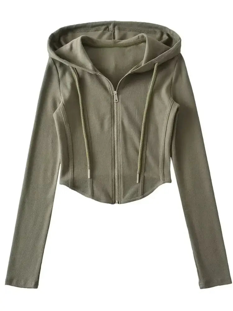 Women Cropped Zip Hoodie Y2K Corset Hem Sweatshirt