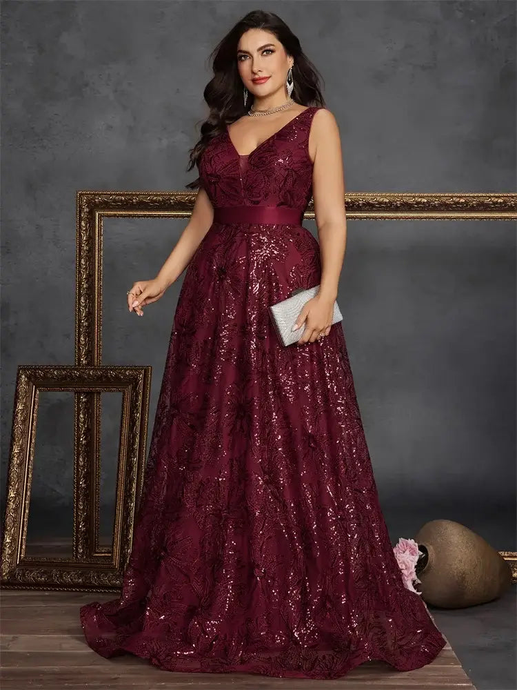 فستان سهرة كوكتيل بظهر على شكل حرف V مزين بالترتر للنساء بمقاسات كبيرة