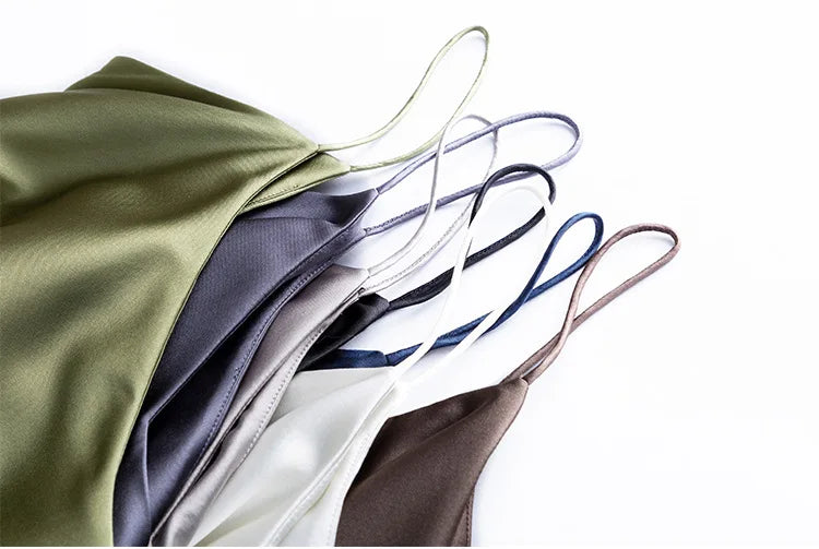 Variety of BandeauSilk™ double-layer silk camisoles in different colors, showcasing luxe summer styles.