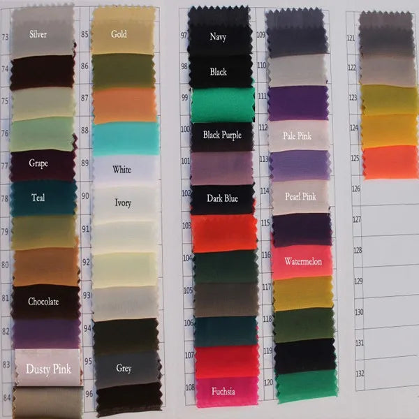 Color swatches featuring fabrics in various shades including silver, gold, navy, teal, pink, green, and more.