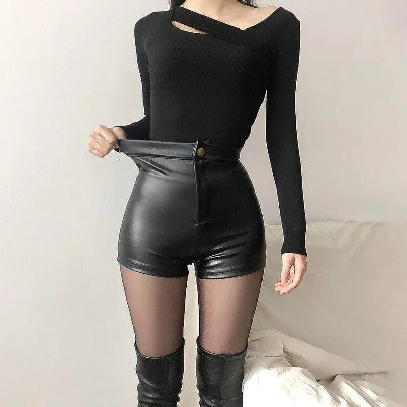 Women's Sexy Black Leather Shorts