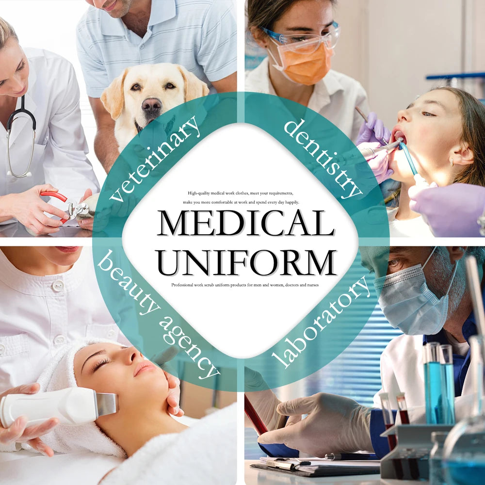 Collage of professionals in medical uniforms for veterinary, dentistry, beauty, and laboratory work.