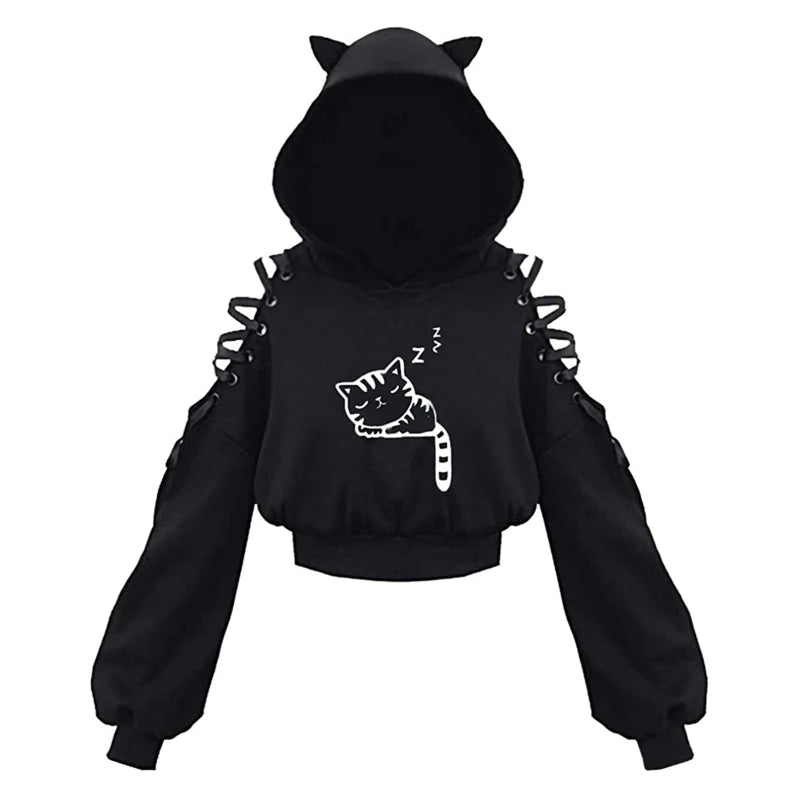 Gothic Cat Ear Crop Hoodie
