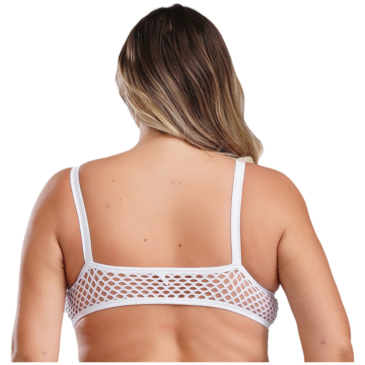 Back view of a plus size model wearing a white sheer fishnet camisole, showcasing spaghetti straps.