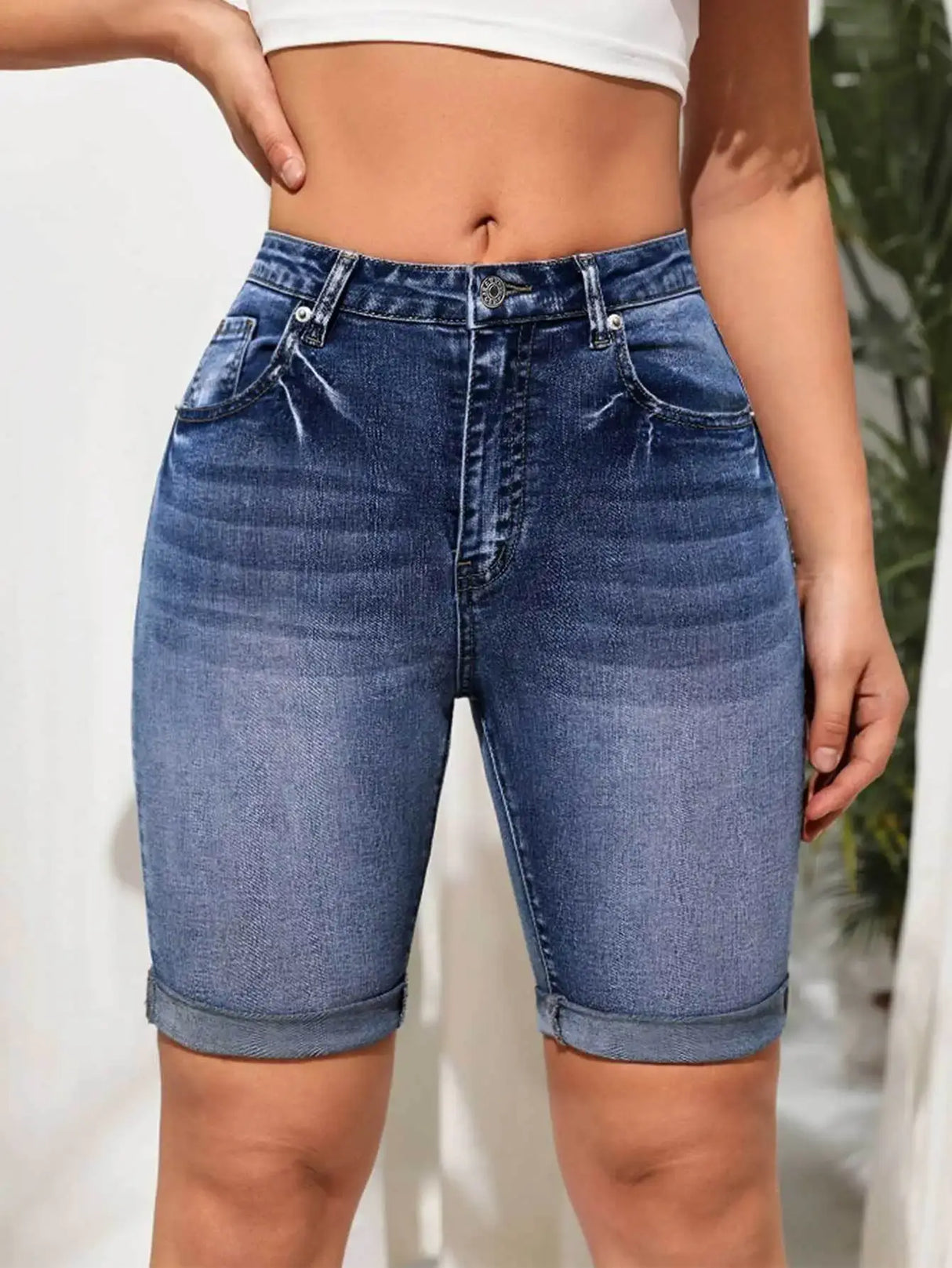 Women High Waist Knee Length Denim Shorts