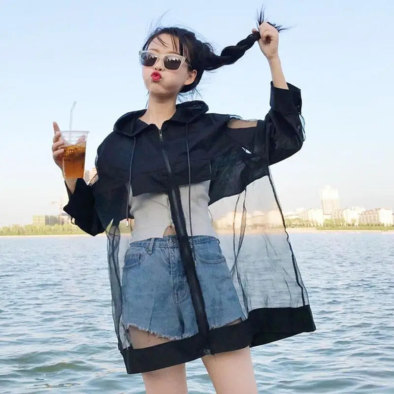 Oversized See-Through Women's Summer Coat – Korean Patchwork Jacket