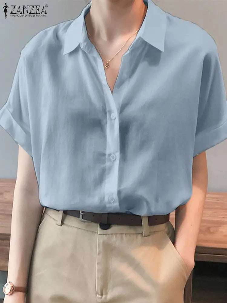 ZanzeaEase™ oversized summer blouse in light blue, button-down, relaxed fit for women, made from breathable polyester.