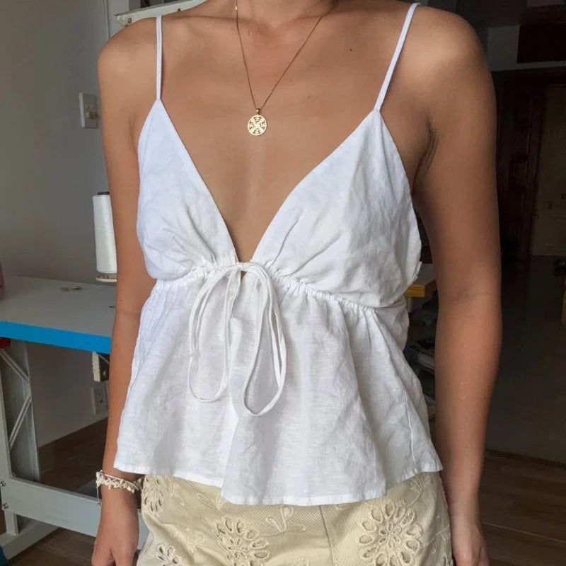 Off Shoulder V‑Neck Pink Crop Tank Top