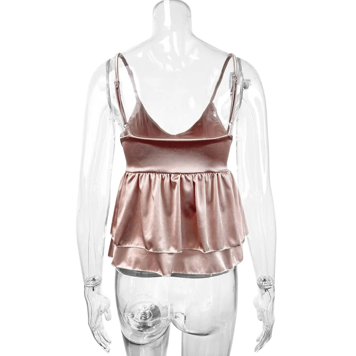 Back view of a ruffle strap V-neck backless crop top in a soft pink shade, perfect for summer outfits.