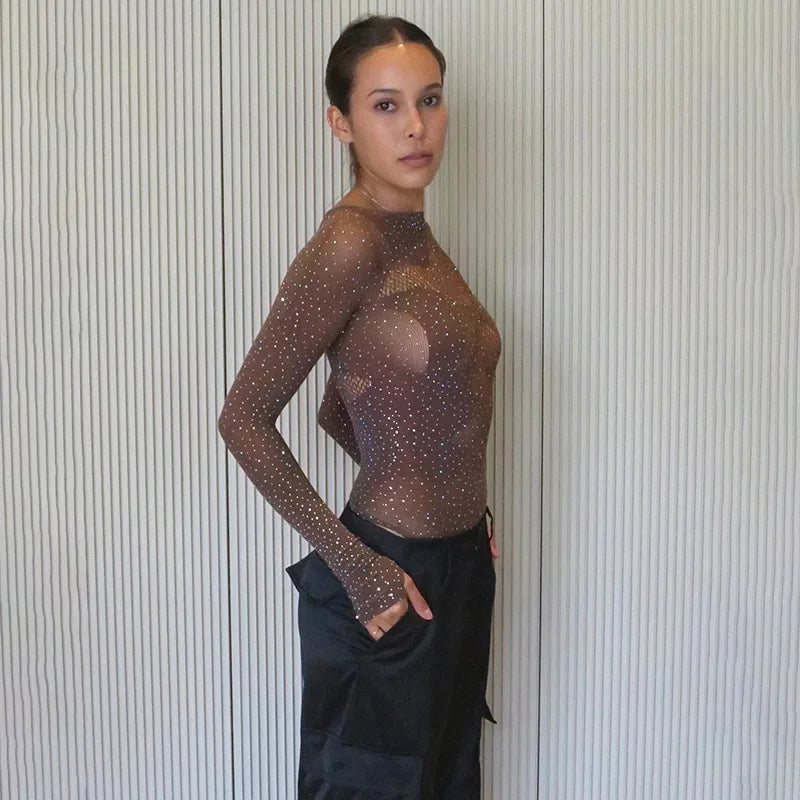 Women's Knitted Rhinestone Long Sleeve Bodysuit – Sexy Y2K Outfit