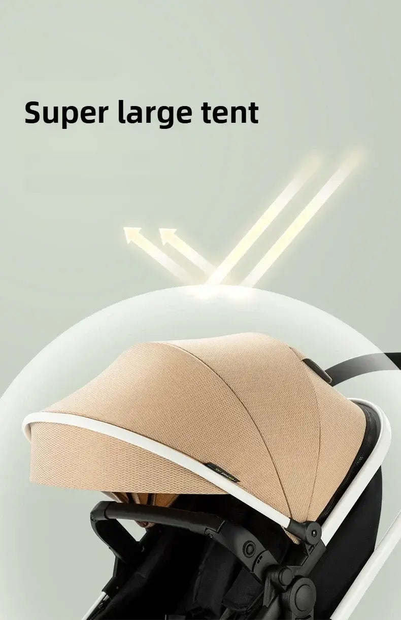 Large canopy of a lightweight baby stroller providing ample shade and protection for children.