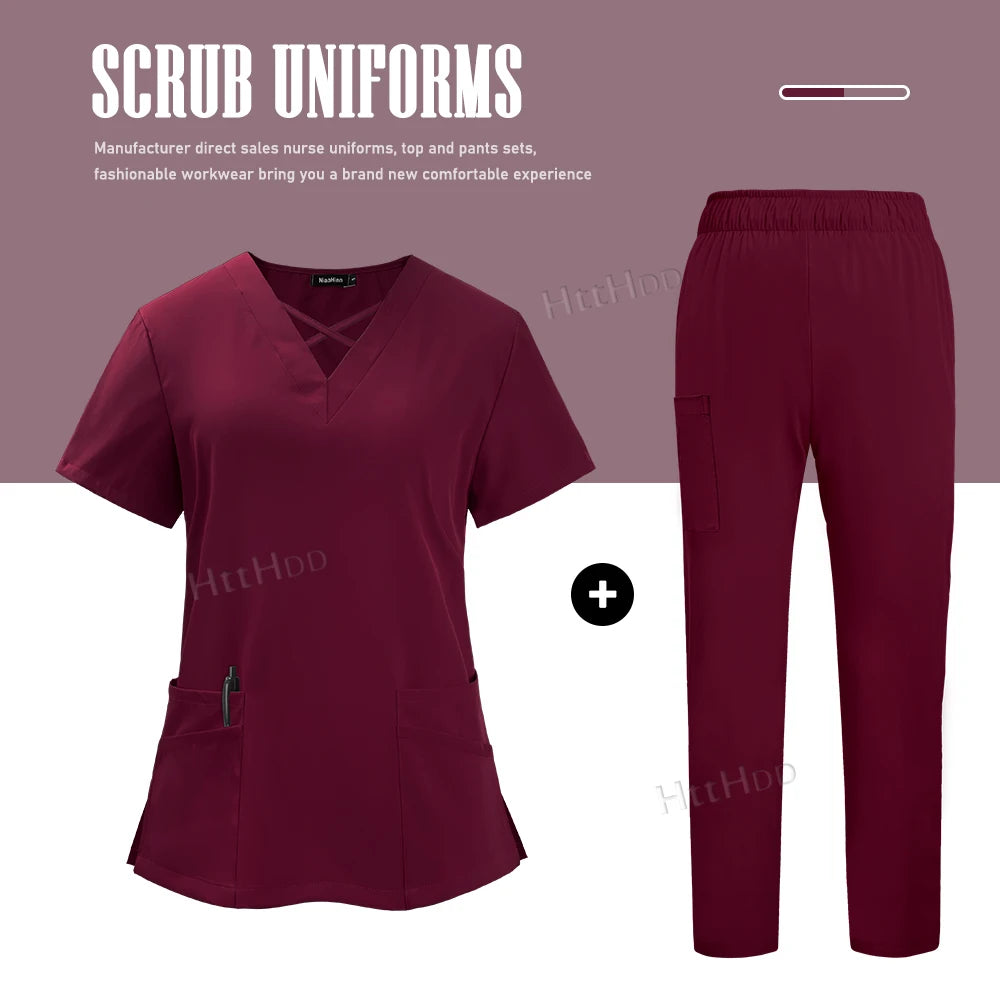 Nurse Dental Scrubs Set in burgundy, featuring breathable fabric and stylish design, perfect for medical uniform use.