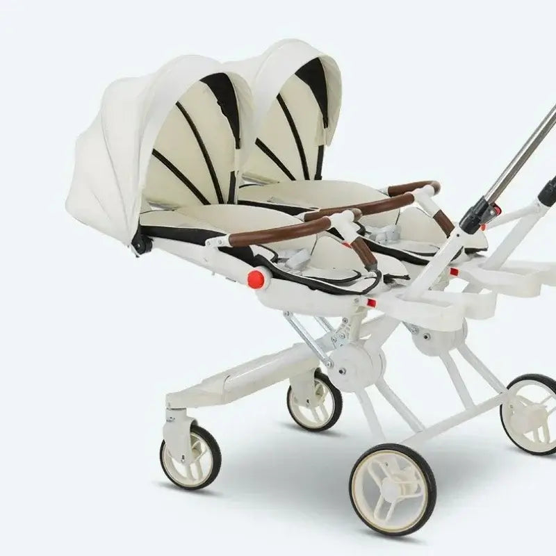Twin stroller for two children with white fabric seats and adjustable canopies.