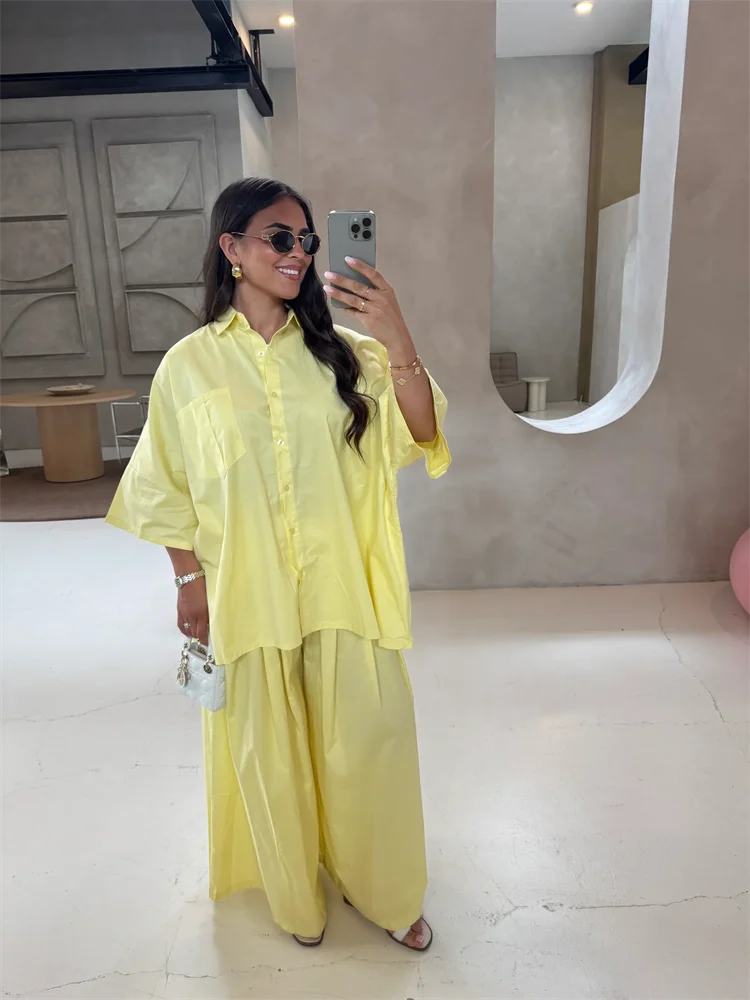 طقم بنطال نسائي من القطن بقصة واسعة