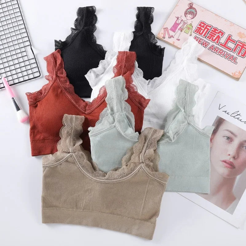 Colorful seamless tank bras featuring lace decoration, ideal for daily comfort and non-wire support in various shades.