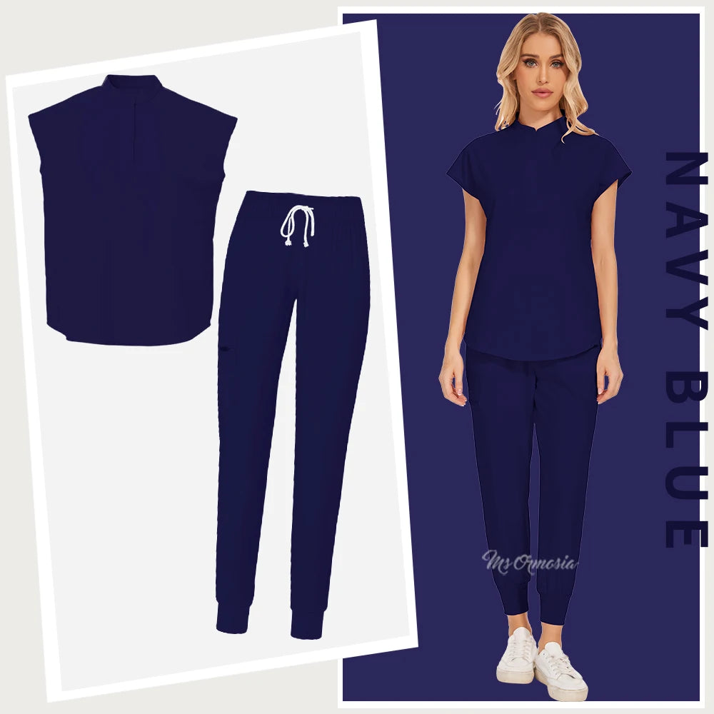 Women's medical workwear set in navy blue, featuring a short-sleeve top and tapered pants, ideal for beauty salons and clinics.