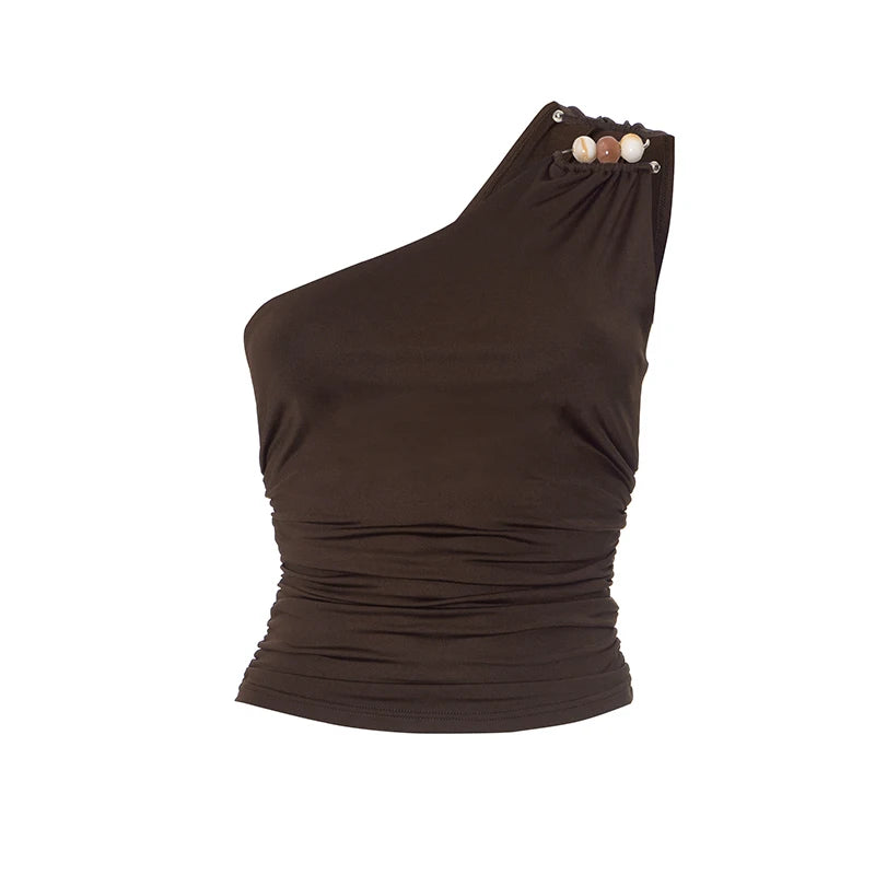 One-Shoulder Beaded Ruched Tank Top