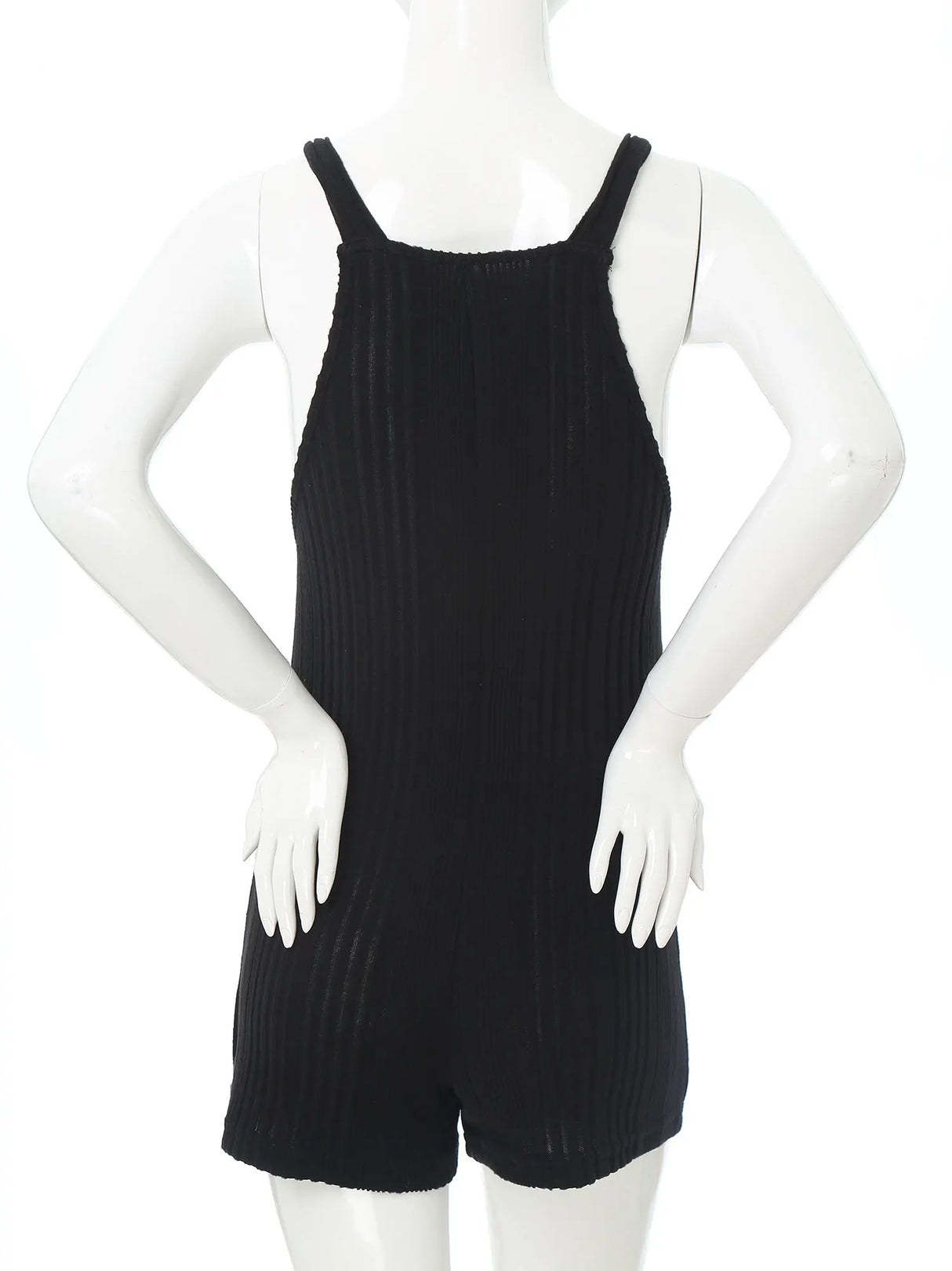Back view of a sleeveless ribbed maternity jumpsuit in black, designed for casual comfort during summer.