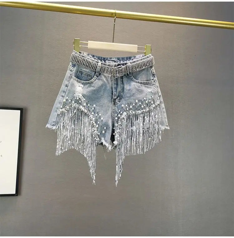 GlamBeads™ – Beaded Sequin Denim Shorts (Fringed, Broken Copper Style)