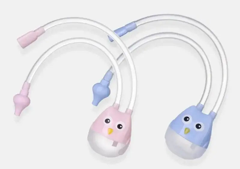 Colorful cartoon owl nasal aspirators for babies in pink and blue, made of silicone and ABS, suitable for ages 7-12 years.