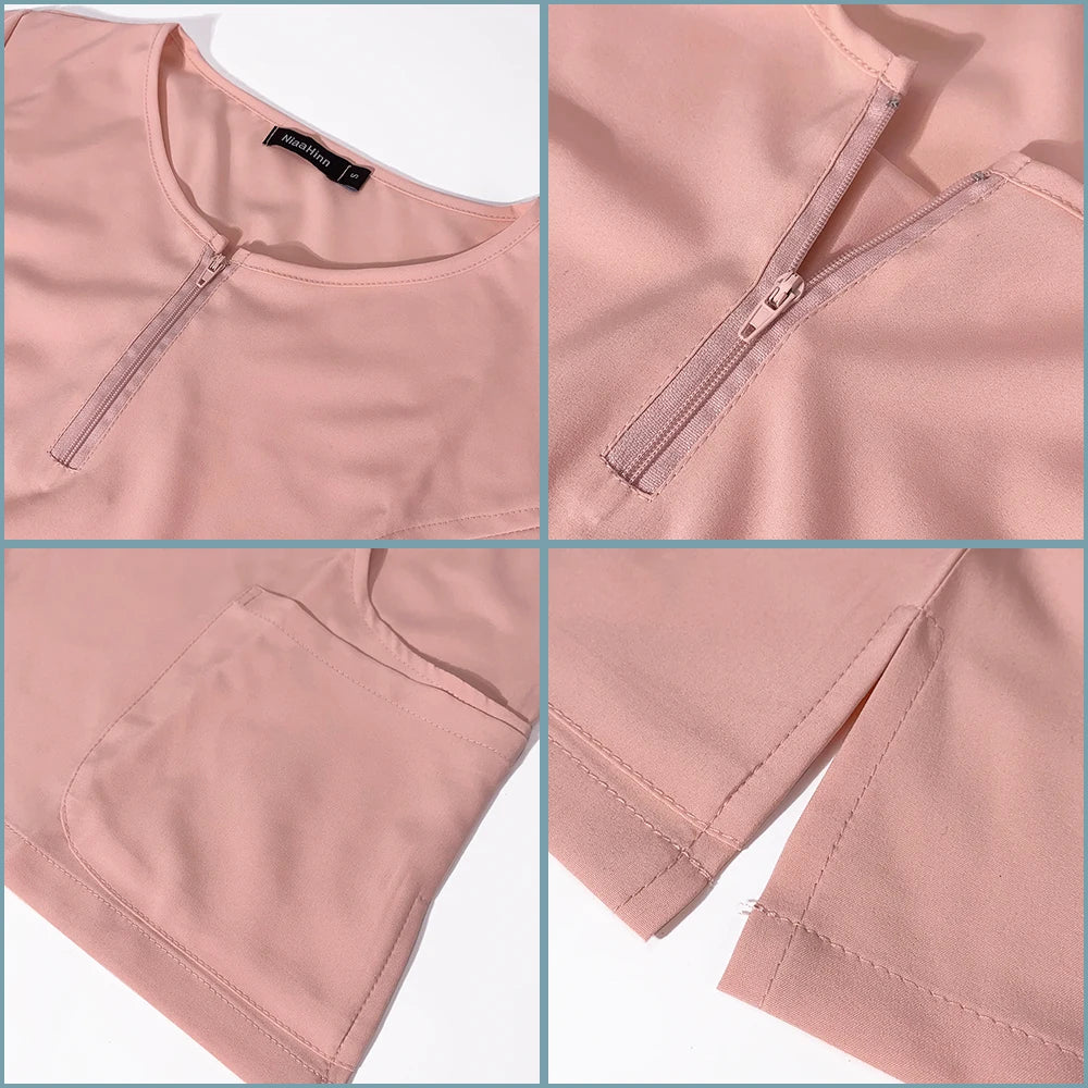 Close-up of 7-color nursing work uniform featuring a zipper V-neck top with pocket, breathable fabric details.