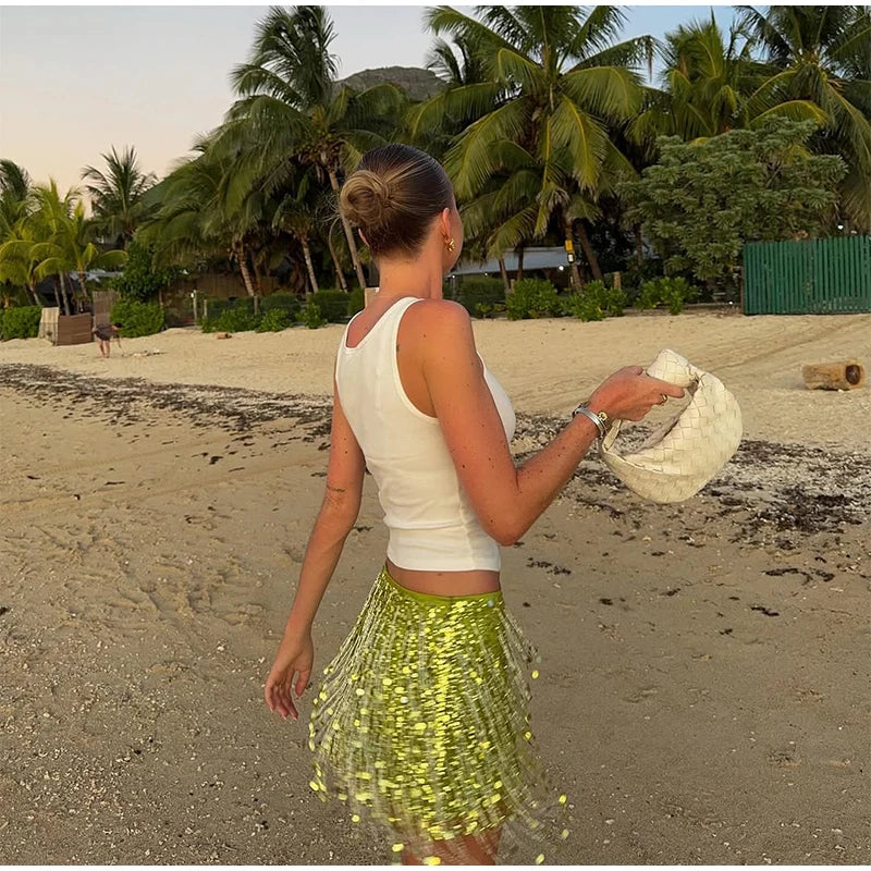 Women Sequin Tassel Party Skirt