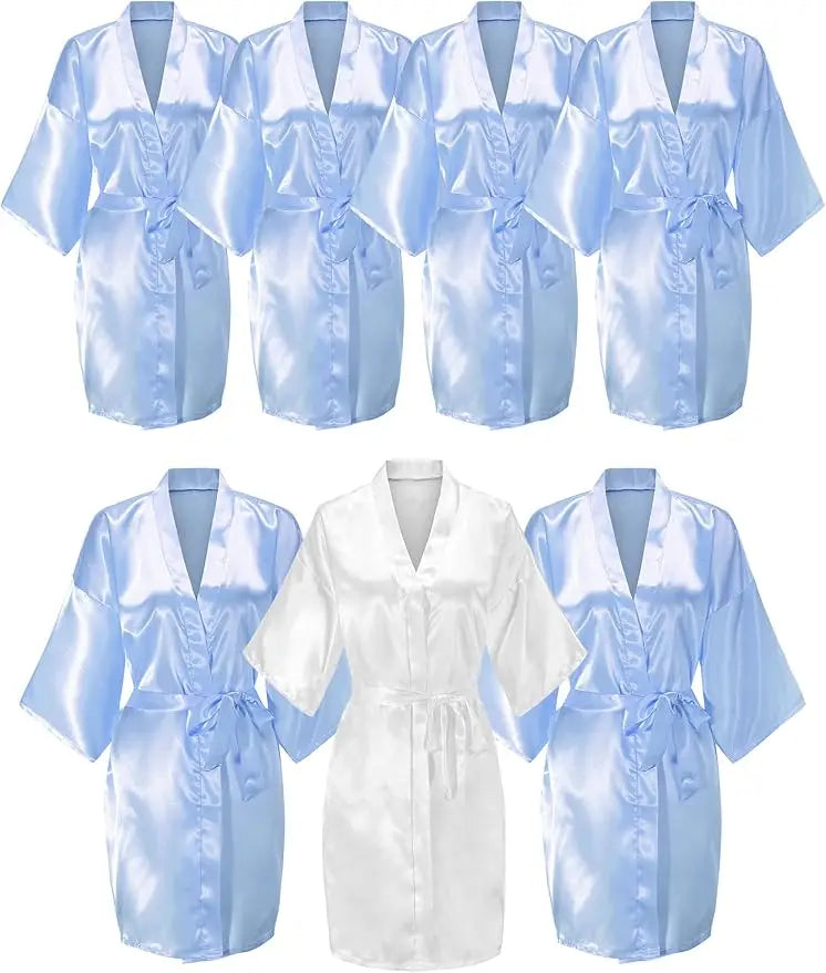 7-piece satin bride robe set in blue and white, perfect for bridal parties and summer celebrations.